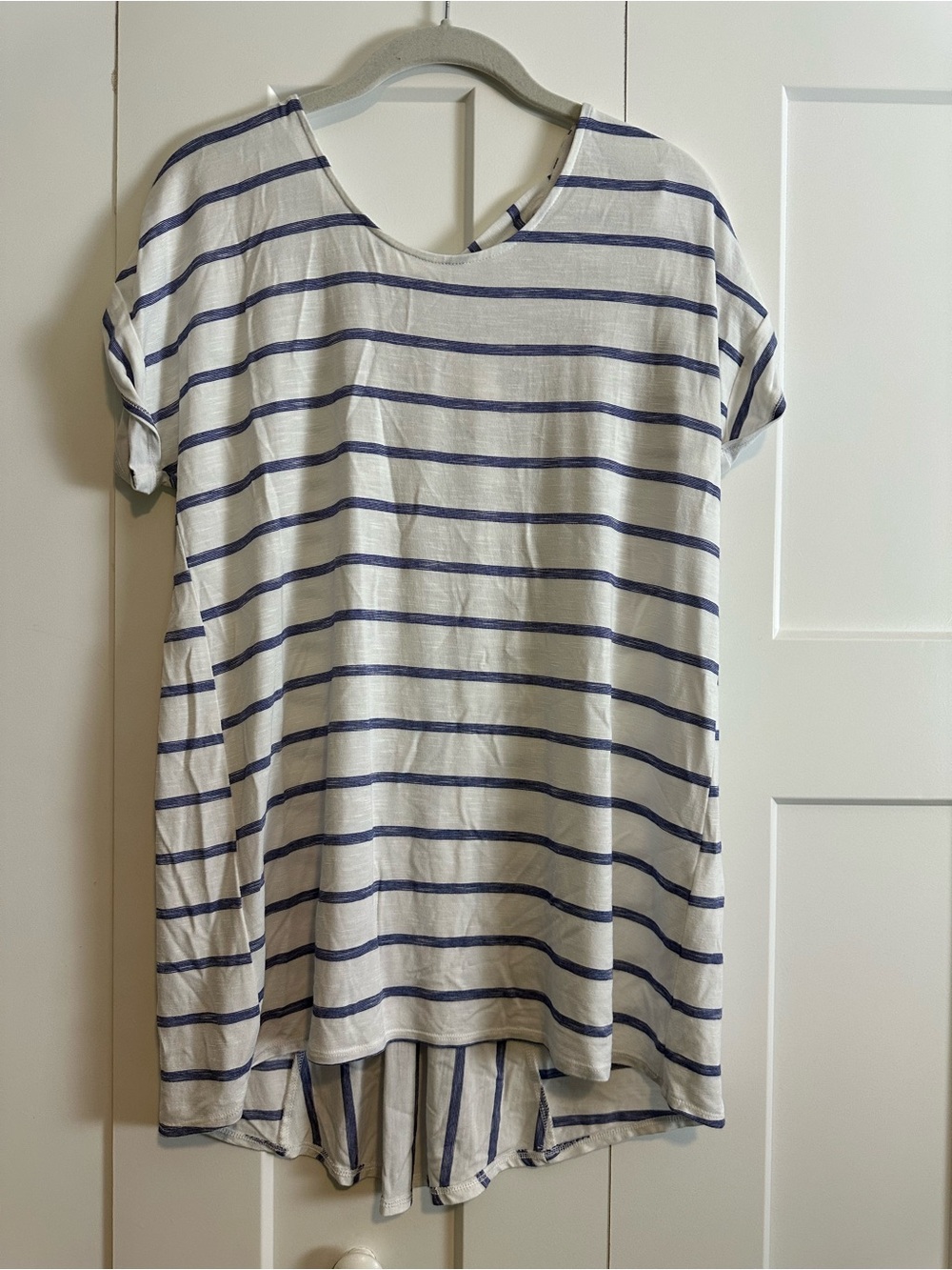 Chico's White Tunic with Navy Horizontal Stripes